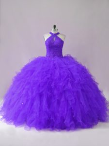Gorgeous Purple Quinceanera Dresses Sweet 16 and Quinceanera with Beading and Ruffles Halter Top Sleeveless Lace Up