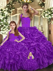 Inexpensive Purple Sleeveless Floor Length Ruffles Lace Up Quinceanera Gown