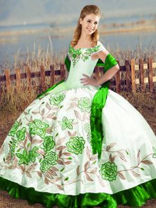 Glittering Floor Length Green Quinceanera Dress Satin Sleeveless Embroidery