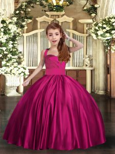  Fuchsia Sleeveless Floor Length Ruching Lace Up Little Girls Pageant Gowns