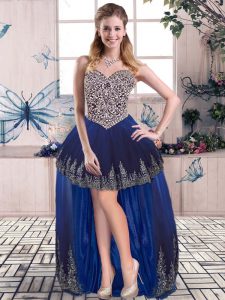 Excellent Royal Blue Sleeveless High Low Beading and Embroidery Lace Up Prom Gown
