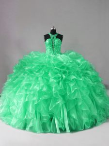 On Sale Green Organza Lace Up Halter Top Sleeveless Sweet 16 Dress Brush Train Beading and Ruffles