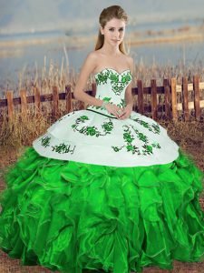  Floor Length Lace Up Quince Ball Gowns Green for Military Ball and Sweet 16 and Quinceanera with Embroidery and Ruffles and Bowknot