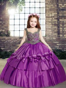  Purple Lace Up Little Girls Pageant Gowns Beading Sleeveless Floor Length