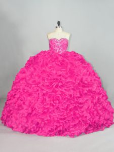Fabulous Hot Pink Sweet 16 Dress Sweet 16 and Quinceanera with Beading and Ruffles Sweetheart Sleeveless Brush Train Lace Up