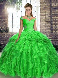 Luxury Sleeveless Beading and Ruffles Lace Up Quinceanera Dresses with Green Brush Train