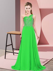 Edgy Empire Dress for Prom Green One Shoulder Chiffon Sleeveless Floor Length Side Zipper