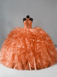  Orange Quinceanera Gown Halter Top Sleeveless Brush Train Zipper