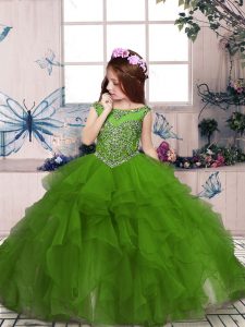  Scoop Sleeveless Little Girls Pageant Gowns Floor Length Beading and Ruffles Olive Green Organza