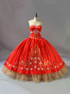 Cute Red Ball Gowns Embroidery 15th Birthday Dress Lace Up Organza Sleeveless Floor Length