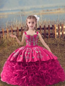  Lace Up Child Pageant Dress Hot Pink for Wedding Party with Embroidery Sweep Train