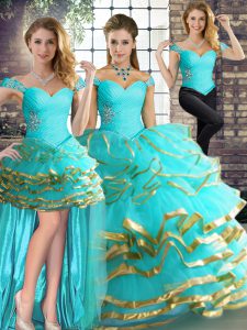 Spectacular Aqua Blue Off The Shoulder Neckline Beading and Ruffled Layers Quinceanera Gown Sleeveless Lace Up