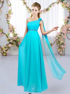  Floor Length Aqua Blue Court Dresses for Sweet 16 One Shoulder Sleeveless Lace Up