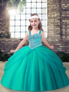  Sleeveless Tulle Floor Length Lace Up Kids Formal Wear in Aqua Blue with Beading