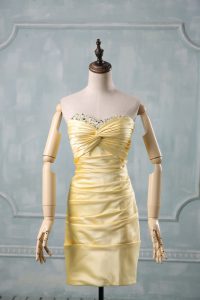  Yellow Column/Sheath Sweetheart Sleeveless Taffeta Mini Length Side Zipper Beading and Ruching Prom Party Dress