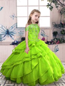 Nice Organza Lace Up High-neck Sleeveless Floor Length Little Girls Pageant Gowns Beading