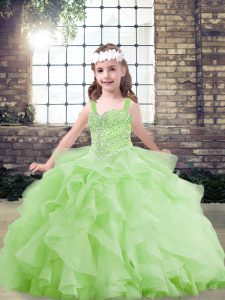  Floor Length Yellow Green Pageant Gowns For Girls Tulle Sleeveless Beading and Ruffles