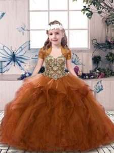 Super Rust Red Sleeveless Beading and Ruffles Floor Length Child Pageant Dress