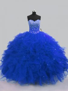  Sweetheart Sleeveless Tulle Quinceanera Dresses Beading and Ruffles Lace Up