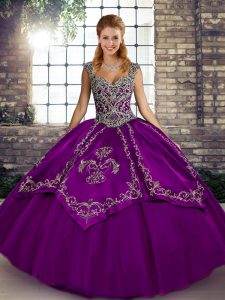 Sumptuous Purple Quince Ball Gowns Military Ball and Sweet 16 and Quinceanera with Beading and Embroidery Straps Sleeveless Lace Up