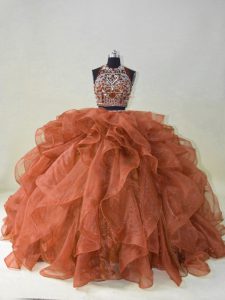  Brown Ball Gown Prom Dress Sweet 16 and Quinceanera with Beading and Ruffles Halter Top Sleeveless Brush Train Backless