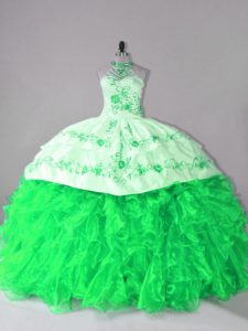  Halter Top Sleeveless Organza Quinceanera Gown Embroidery and Ruffles Court Train Lace Up
