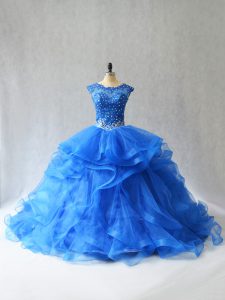  Royal Blue Sleeveless Brush Train Beading and Lace Quinceanera Gown