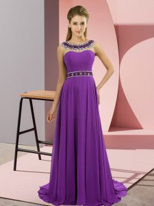 Dynamic Purple Prom Dresses Chiffon Brush Train Sleeveless Beading