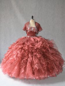  Floor Length Red 15th Birthday Dress Strapless Sleeveless Lace Up