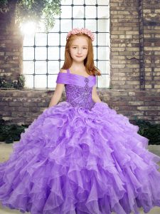 Superior Lavender Sleeveless Floor Length Beading and Ruffles Lace Up Little Girls Pageant Dress Wholesale