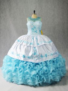  Baby Blue Fabric With Rolling Flowers Lace Up Scoop Sleeveless Floor Length Quinceanera Dresses Beading and Embroidery and Ruffles