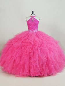 Romantic Hot Pink Tulle Lace Up Quinceanera Gown Sleeveless Floor Length Beading and Ruffles
