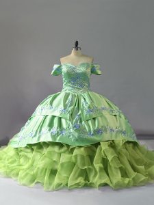  Yellow Green Ball Gowns Organza Off The Shoulder Sleeveless Embroidery and Ruffles Lace Up 15th Birthday Dress Chapel Train