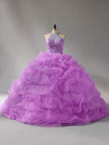 Spectacular Lilac Halter Top Lace Up Beading and Pick Ups Ball Gown Prom Dress Court Train Sleeveless