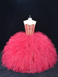  Coral Red Quince Ball Gowns Sweet 16 and Quinceanera with Beading and Ruffles Sweetheart Sleeveless Lace Up