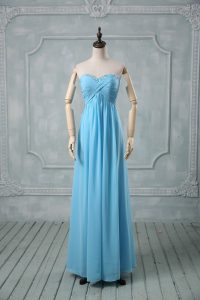  Sleeveless Floor Length Beading and Ruching Backless Prom Party Dress with Baby Blue