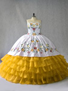 Graceful Gold Lace Up Quinceanera Dress Embroidery and Ruffled Layers Sleeveless Floor Length