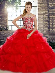 Admirable Red Sleeveless Beading and Pick Ups Lace Up 15 Quinceanera Dress