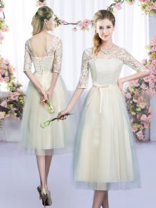  Champagne Half Sleeves Tea Length Lace and Bowknot Lace Up Dama Dress