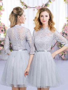 Low Price Mini Length Zipper Dama Dress for Quinceanera Grey for Wedding Party with Lace and Belt