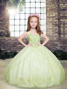  Straps Sleeveless Lace Up Kids Pageant Dress Yellow Green Tulle