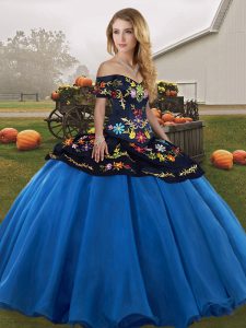  Blue And Black Ball Gowns Embroidery Sweet 16 Quinceanera Dress Lace Up Tulle Sleeveless Floor Length