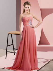 Hot Selling Watermelon Red Sleeveless Beading Floor Length Prom Evening Gown
