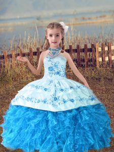  Baby Blue Girls Pageant Dresses Wedding Party with Beading and Embroidery and Ruffles Halter Top Sleeveless Lace Up