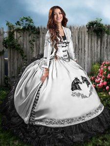 Adorable White And Black Sleeveless Floor Length Embroidery and Ruffles Lace Up Sweet 16 Quinceanera Dress