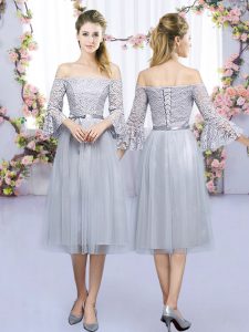  3 4 Length Sleeve Tulle Tea Length Lace Up Quinceanera Dama Dress in Grey with Lace and Belt