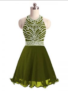 Noble A-line Prom Dress Olive Green Halter Top Chiffon Sleeveless Mini Length Lace Up