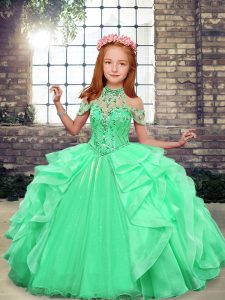  Floor Length Mermaid Sleeveless Apple Green Little Girl Pageant Gowns Lace Up