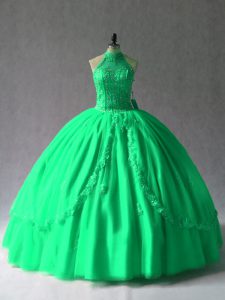  Halter Top Sleeveless Sweet 16 Quinceanera Dress Floor Length Appliques Green Lace