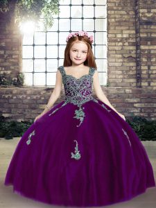 Classical Purple Sleeveless Floor Length Appliques Lace Up Little Girls Pageant Dress Wholesale
